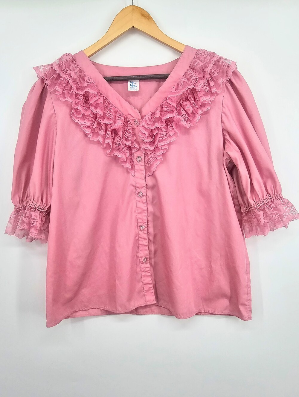 Vintage Malco Modes Pink Lace Ruffle Blouse Cottagecore Prairie Coquette USA L